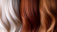 Three flowing hair color swatches displaying platinum blonde, auburn red, and golden brown tones with smooth wavy texture for salon and beauty concepts.
