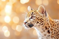 Majestic leopard profile portrait with golden bokeh background, showing detailed spotted fur pattern and intense blue eyes in warm atmospheric lighting.