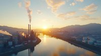 Industrial power plant with smoking chimneys on riverbank at golden sunset, aerial panoramic view showing factory buildings and mountain silhouettes reflecting in calm water.