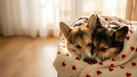 Two adorable Shiba Inu puppies sleeping peacefully together on heart-patterned blanket in cozy sunlit home interior for pet care and companionship concepts.