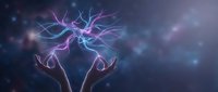 Hands reaching toward glowing neural network with electric synapses and connections floating above palms against dark cosmic background for AI concepts.