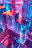 Abstract geometric composition with glowing neon pink and blue transparent blocks creating depth and reflection effect, suitable for modern tech designs.