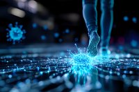 Glowing blue virus cell splashing on dark reflective surface with digital network pattern and ghostly legs stepping into liquid, medical science concept.