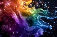 Vibrant rainbow colored liquid splash with glowing particles creating abstract cosmic art effect against dark background, dynamic fluid motion in space-inspired design.