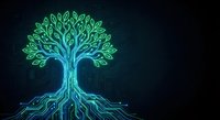 Digital tree with glowing green neon leaves and circuit board roots on dark background. Technology nature fusion concept for environmental tech designs.