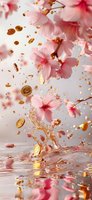 Delicate pink cherry blossoms and golden coins falling into splashing water create magical atmosphere with light reflections and floating petals for luxury design.