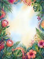 Tropical floral frame with vibrant pink flowers, green monstera and palm leaves, colorful swirls, and gold accents on white background. Perfect for invitations, greeting cards, posters, social media graphics, and design projects.