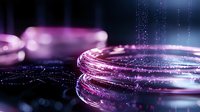Macro shot of glass petri dishes with purple illumination and water droplets creating abstract scientific background with bokeh and reflective surfaces.