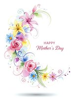 Watercolor floral arrangement with pink lilies, roses and daisies forming decorative border with swirls for Mother's Day greeting card design.