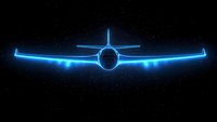 Glowing blue neon airplane silhouette on dark starry background, front view of modern aircraft with illuminated outline for aviation and travel design.