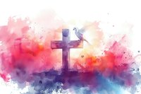 Christian cross silhouette against vibrant watercolor sky with dove, spiritual symbolism in pink, purple and blue tones, artistic religious background.