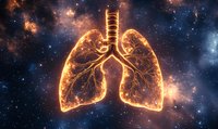 Glowing golden human lungs with bronchial tree structure floating in cosmic space with nebulas and stars, medical science concept visualization.
