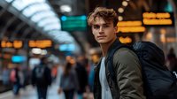 Young Caucasian male traveler with backpack standing in modern airport terminal with departure boards and blurred passengers in background.