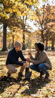 Young couple planting sapling together in autumn park with golden foliage. Man wearing beanie and woman with dark curly hair holding shovel, environmental conservation and sustainability concept.