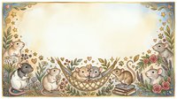 Whimsical woodland animals border frame with cute forest creatures, flowers and decorative elements on cream background for greeting cards and invitations.