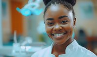 Young African American female dentist smiling confidently in modern dental office with equipment in background, healthcare professional portrait.