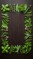 Fresh herbs frame on dark wooden background with basil, rosemary, sage, thyme and mint leaves arranged in border pattern for culinary cooking designs.