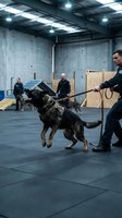 Police officer training with German Shepherd dog in indoor facility. K9 unit practicing attack and defense techniques for law enforcement preparation.