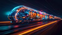 Futuristic high-speed train with glowing neon elements and transparent walls revealing digital circuitry interior, moving through dark space with dynamic light trails perfect for technology concepts.