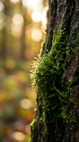 Green moss growing on tree bark with warm sunlight and bokeh background creating peaceful forest atmosphere for nature and environmental concepts.