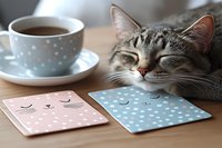 Tabby cat resting head on wooden desk next to polka dot notebooks and steaming coffee cup, cozy workspace scene for creative projects and productivity themes.