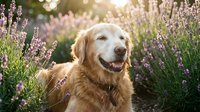 Happy golden retriever dog sitting in blooming lavender field during golden hour sunset with warm sunlight creating peaceful garden atmosphere.
