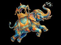 Decorated festive elephant with ornate golden howdah, isolated on transparent background, ready for t-shirt design, stickers, sublimation, and print on demand clipart.