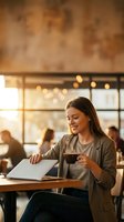 Young professional woman working on laptop in modern cafe with coffee cup during golden hour warm lighting atmosphere.