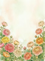 Watercolor ranunculus flowers frame border with soft pastel colors and copy space for text on textured paper background for spring wedding invitations.