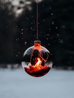Glass Christmas ball ornament with glowing red liquid inside against dark winter background with falling snowflakes creating magical holiday atmosphere.