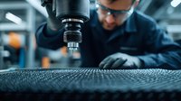 Male technician in protective glasses operating industrial CNC machine, close-up view of drilling process on textured carbon fiber material in manufacturing facility.