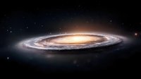Spiral galaxy with bright glowing center viewed from side angle against dark space background with scattered stars and cosmic dust for astronomy projects.