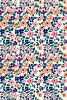 Seamless floral pattern with small colorful blooms in pink, coral, and navy blue scattered across cream background, perfect for fabric, wallpaper, and surface design projects.
