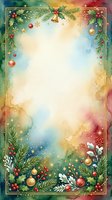 Festive holiday frame with evergreen branches, ornaments, and bells on watercolor background with gold border, ready for seasonal greeting cards, invitations, and holiday marketing materials.