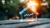 Glowing house outline with rising financial graph against blurred bokeh background shows real estate market growth and property investment concept.