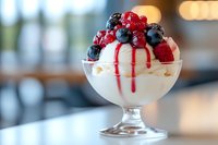 Creamy vanilla ice cream dessert topped with fresh raspberries and blueberries in elegant glass bowl, drizzled with red berry sauce against blurred restaurant background.