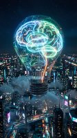 Glowing lightbulb with brain circuits floating above futuristic city skyline at night representing innovation and artificial intelligence technology.