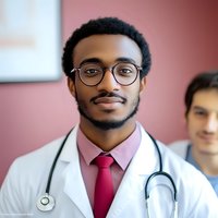 Young African American medical professional wearing white coat, glasses, and red tie smiling confidently in healthcare setting with colleague in background.