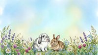 Adorable rabbits sitting in spring meadow with wildflowers and grass, watercolor style illustration for Easter greeting cards and seasonal designs.