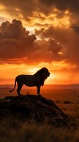 Majestic lion silhouette standing on rock formation against dramatic orange sunset sky with storm clouds over African savanna landscape.