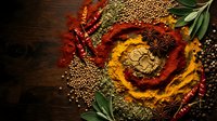 Colorful spices and herbs arranged in circular pattern on rustic wooden background. Paprika, turmeric, coriander seeds, star anise create vibrant culinary display.