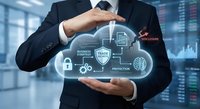 Professional businessman protecting cloud computing security icons with hands in modern office environment with digital data displays.