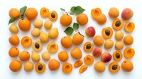 Apricots whole and halved with pits and leaves arranged on white background for food photography, culinary design, recipe illustration, and ingredient sourcing.