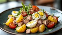 Fresh tuna salad with boiled eggs, cherry tomatoes, baby potatoes, and arugula served on a rustic plate, perfect for healthy lunch menus.
