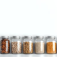 Glass jars filled with various legumes and grains arranged in row on white background, showing different colors from brown to beige, minimalist food storage concept.