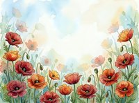Watercolor poppy flowers frame with soft pastel background, botanical border design for spring greeting cards, wedding invitations and floral decorations.