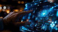 Finger touching futuristic digital interface with glowing blue data visualization and holographic elements against dark background. Technology concept for business analytics.