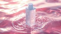 Clear glass cosmetic bottle with pump dispenser sitting in rippling pink liquid with light reflections, suitable for skincare, beauty product packaging, and wellness branding.
