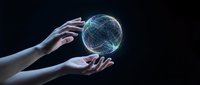 Hands reaching toward glowing digital globe with network connections on dark background for technology and global communication concepts.