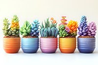 Colorful succulent plants in rainbow ceramic pots arranged in row on white background. Vibrant miniature garden collection features varied shapes and pastel colors.